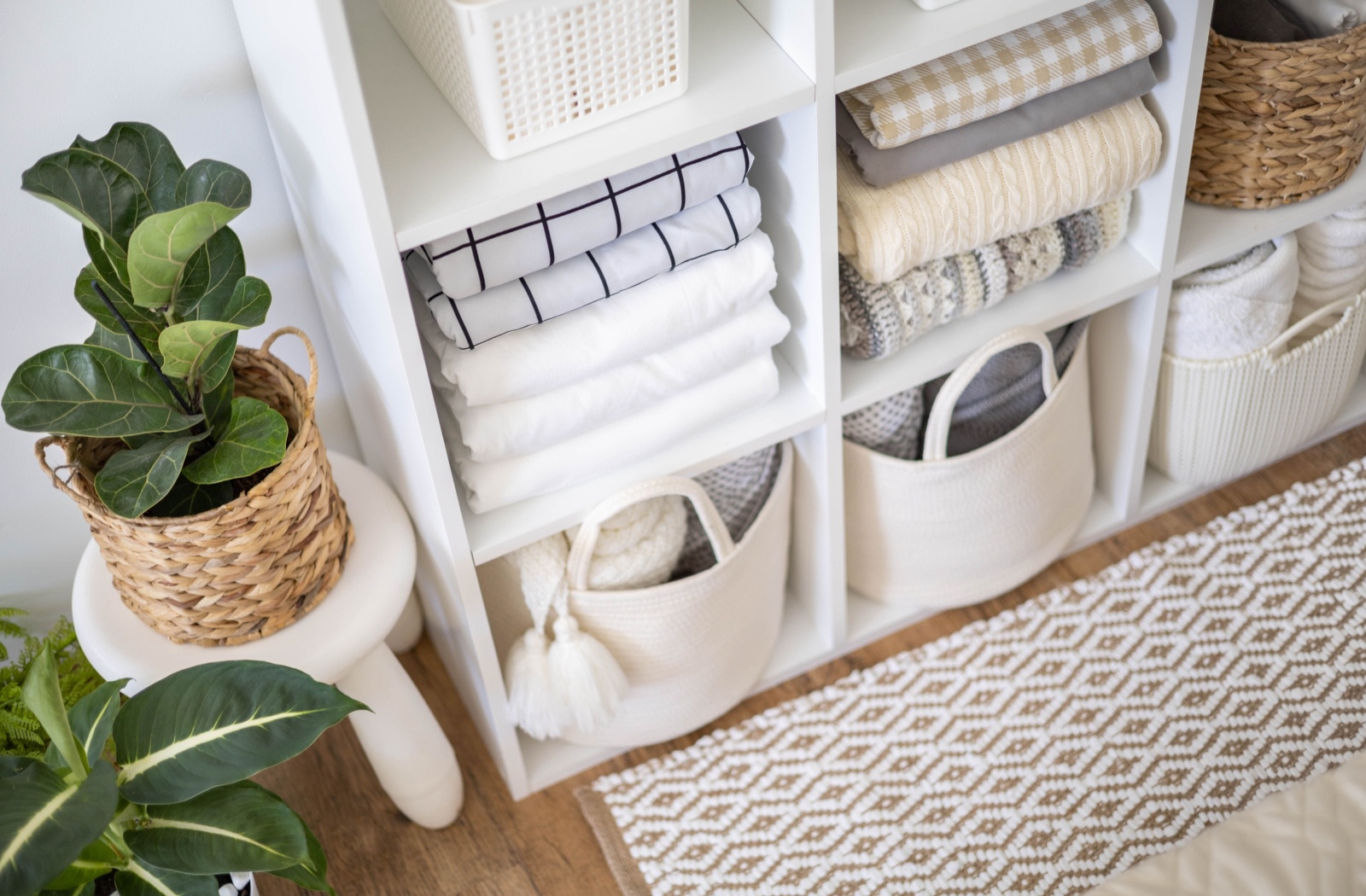 A closeup of shelf used to organize a small space in a senior living community to avoid clutter.
