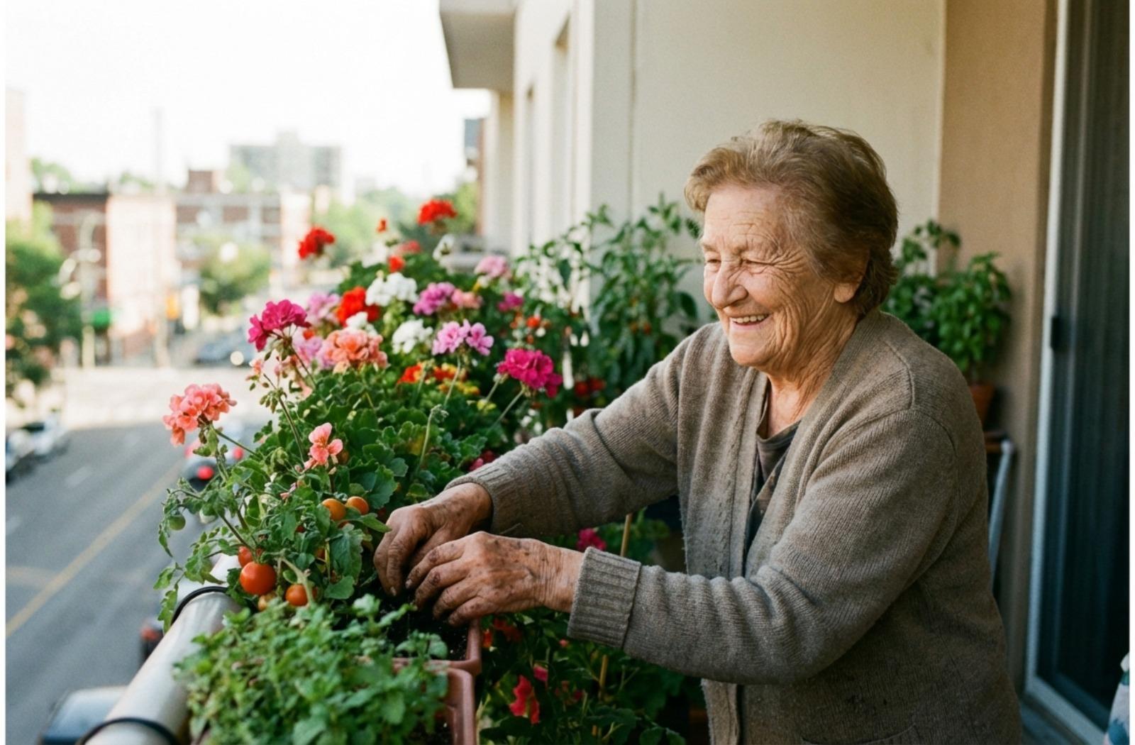 An older adult tends to potted plants on a sunlit balcony in an independent living community.