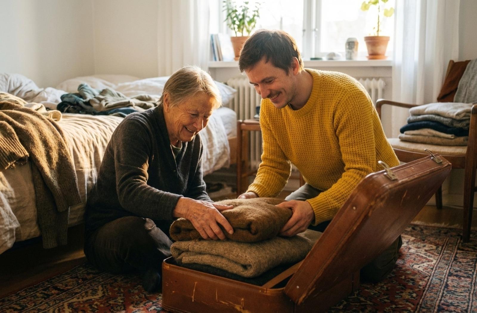 An older adult and their family member pack a suitcase together in a cozy, sunlit bedroom.